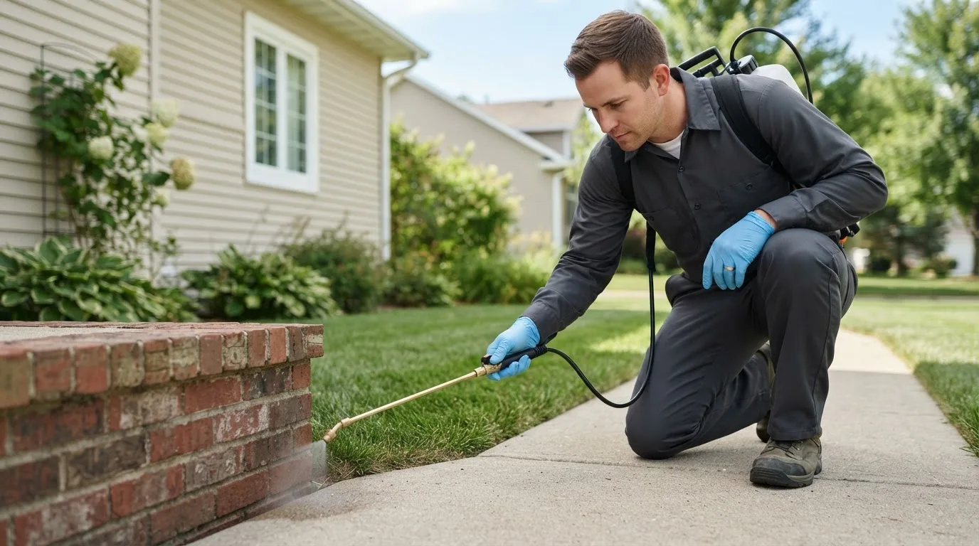 Pest control technician treating a home near Waldron, KS